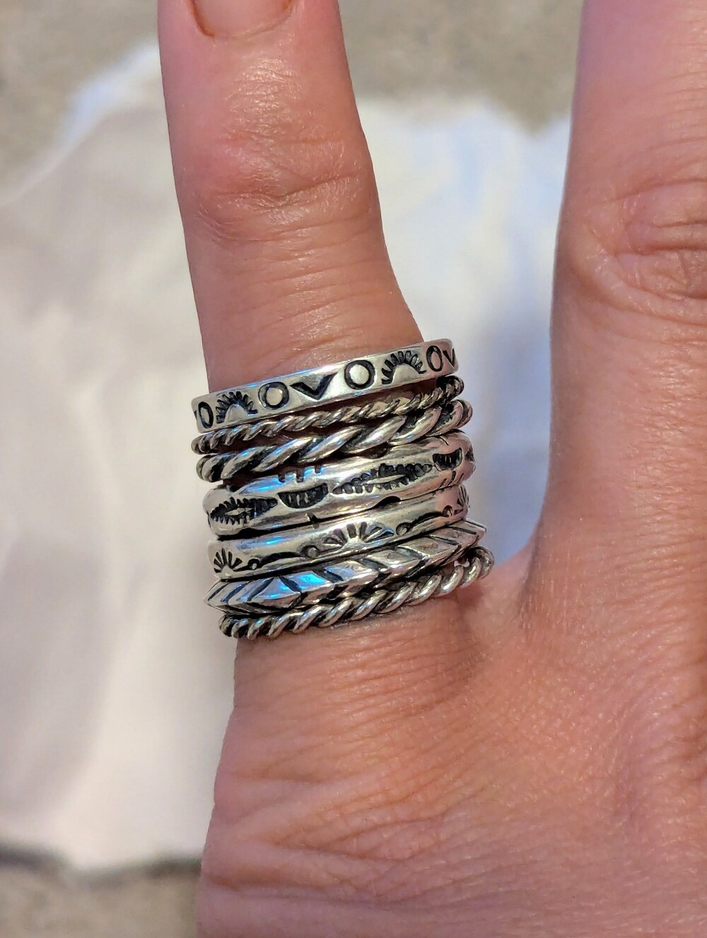 Vintage 7 Stackable Native American Design Sterling Rings